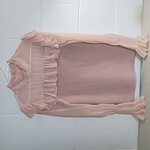 Pastel Pink Puff Sheer Ruffled Sleeve Sweater with Ruffled Neckline